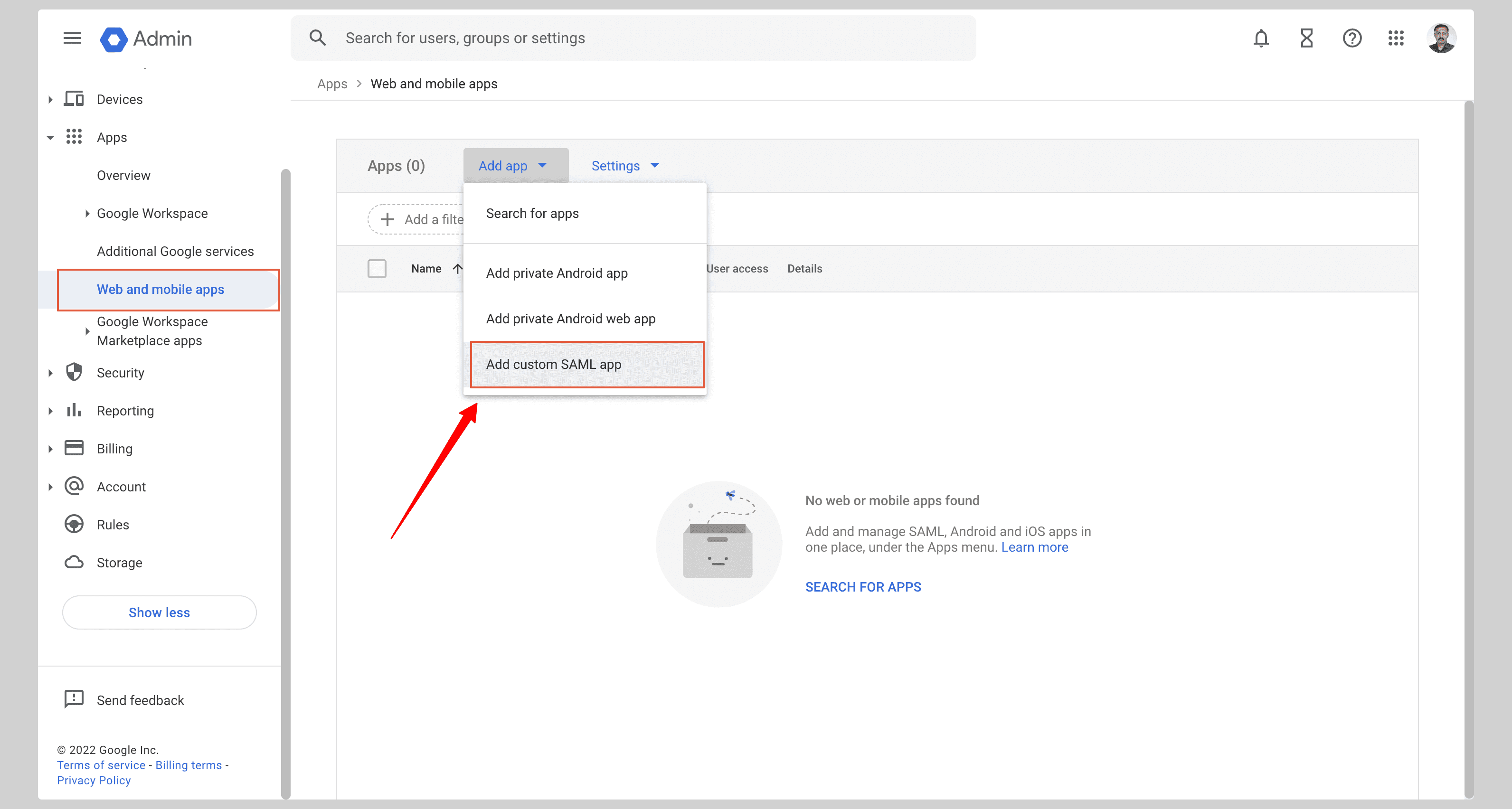 Google Admin: Add custom SAML app