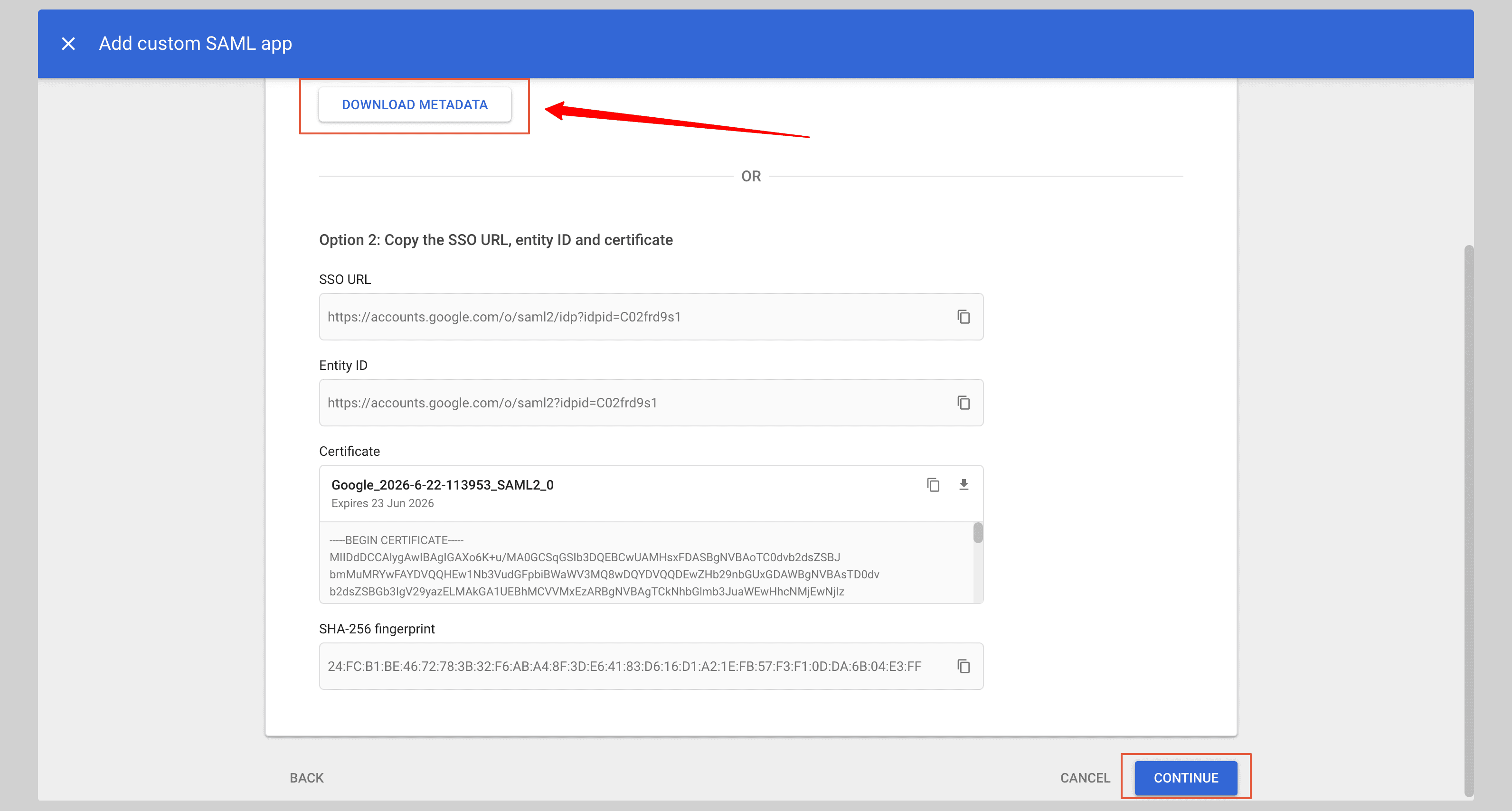 Google Admin: download identity provider metadata