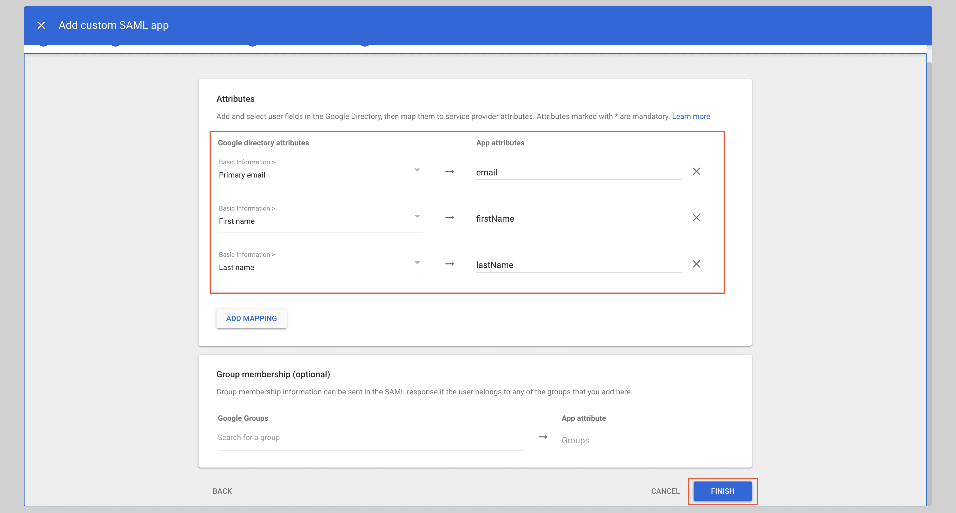 Google Admin: email and name attribute mappings