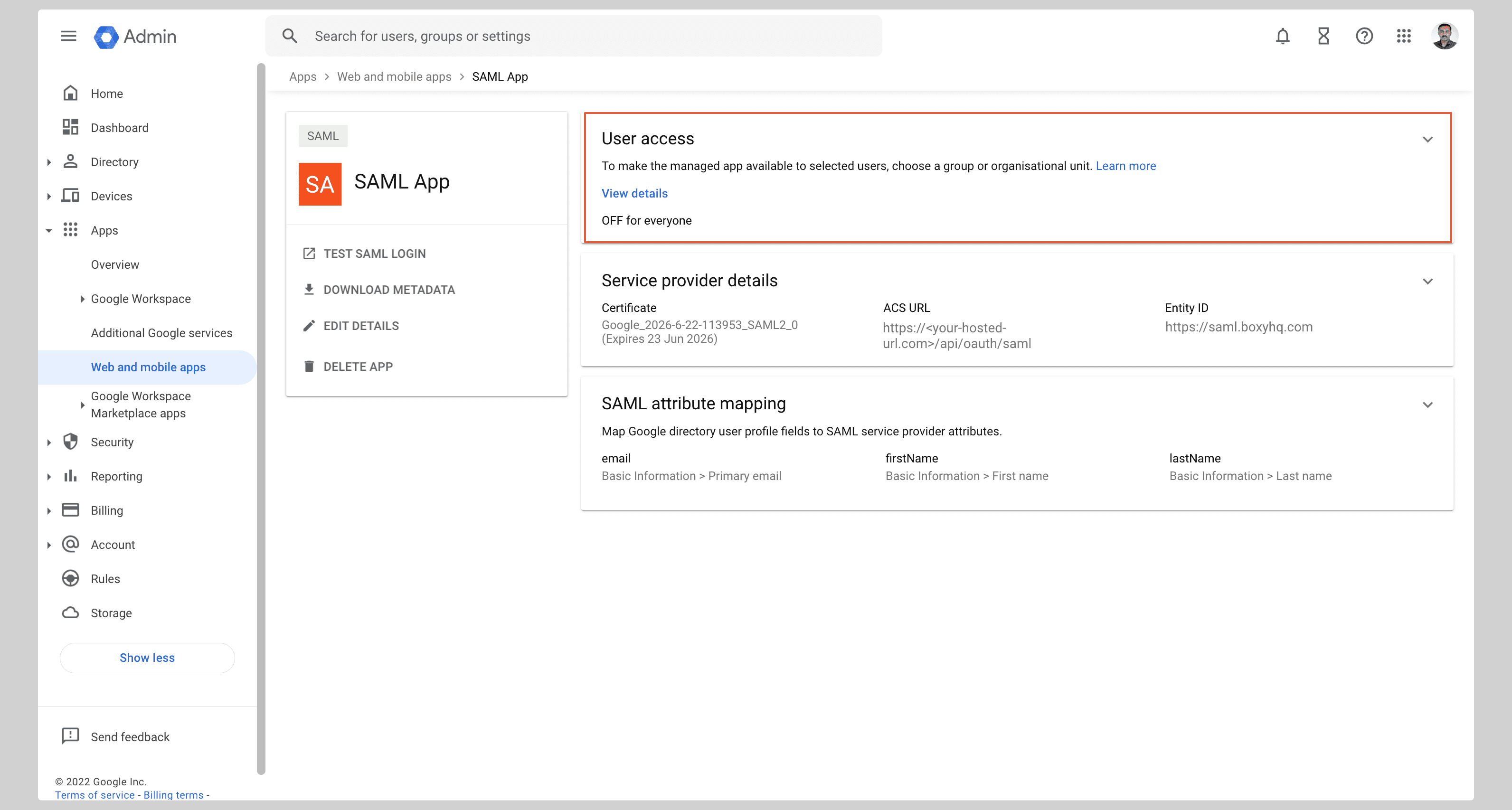 Google Admin: open User access