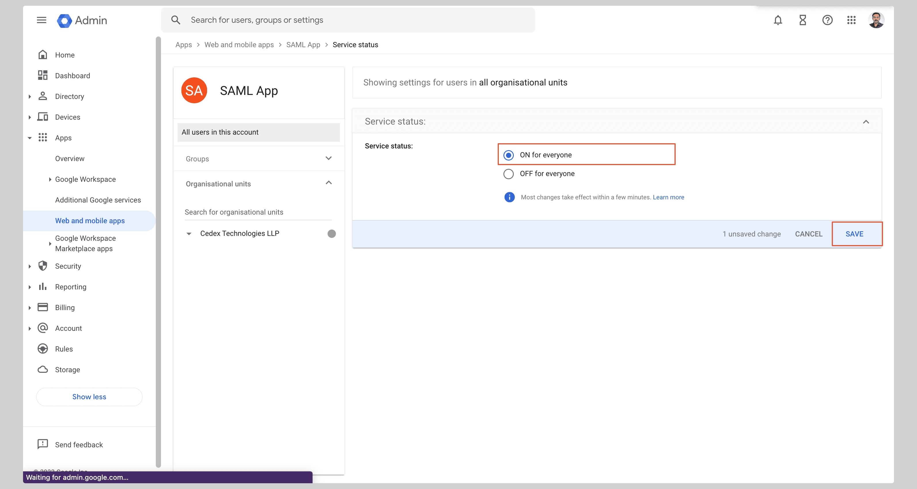 Google Admin: turn the service on for your team