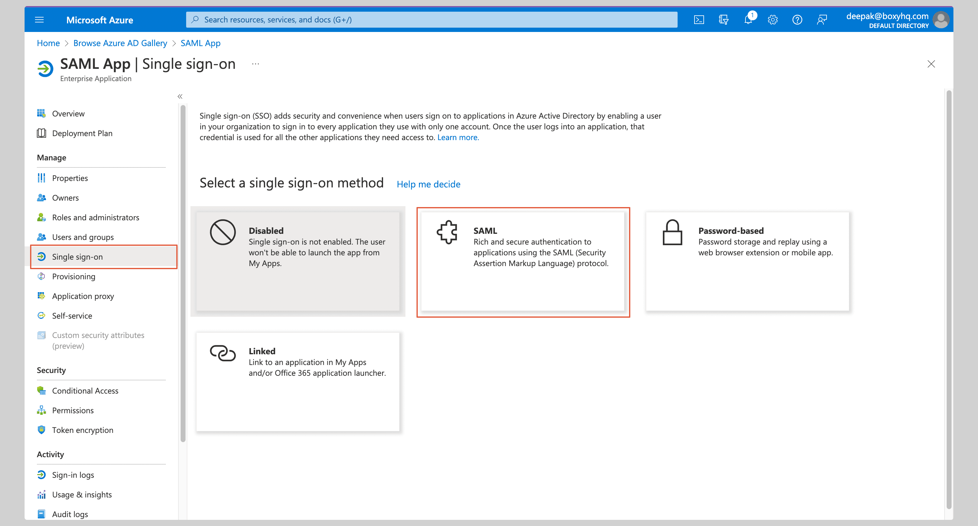 Microsoft Entra ID: choose SAML single sign-on