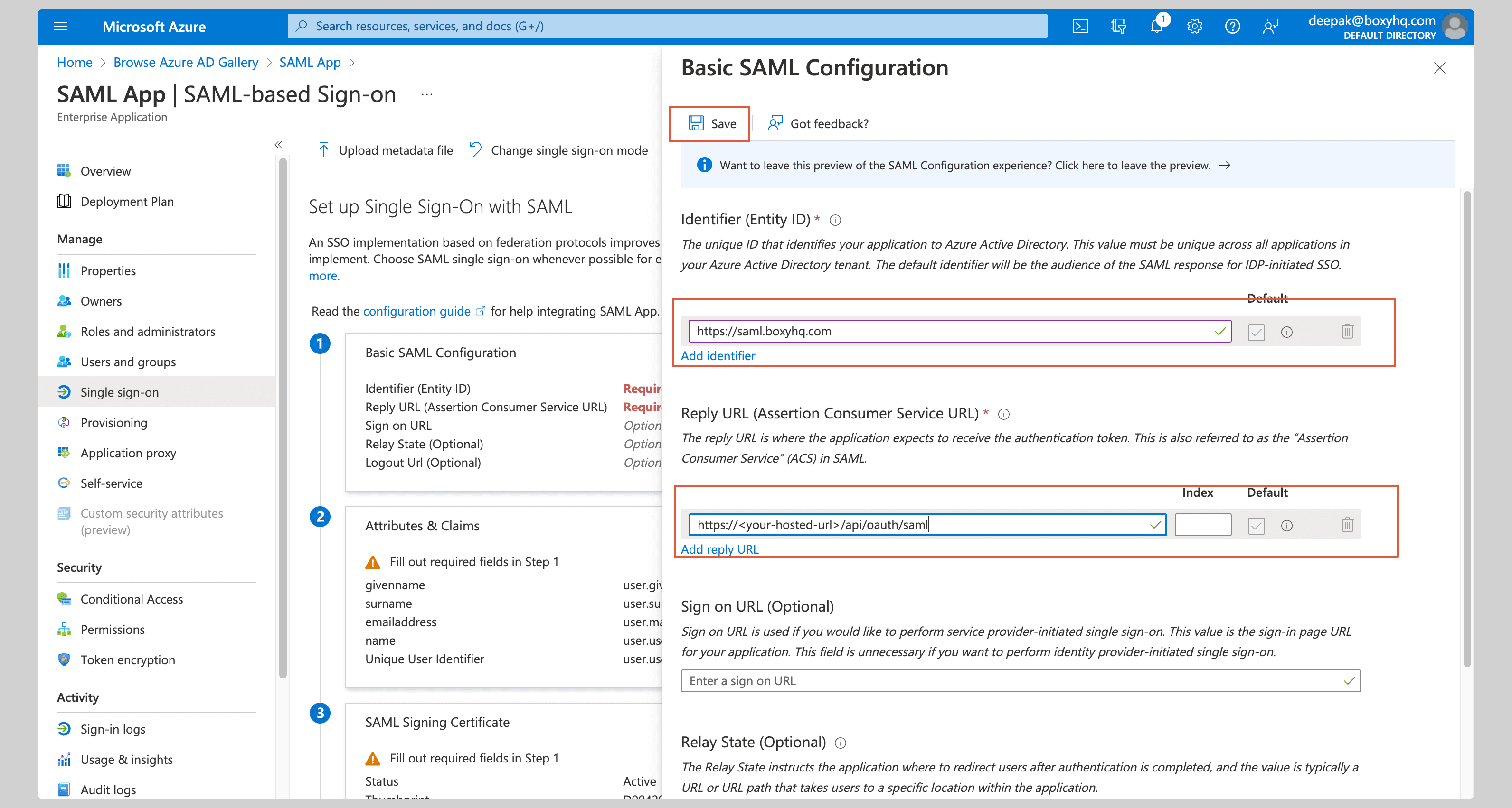 Microsoft Entra ID: Identifier and Reply URL fields; use the Circleback URLs above