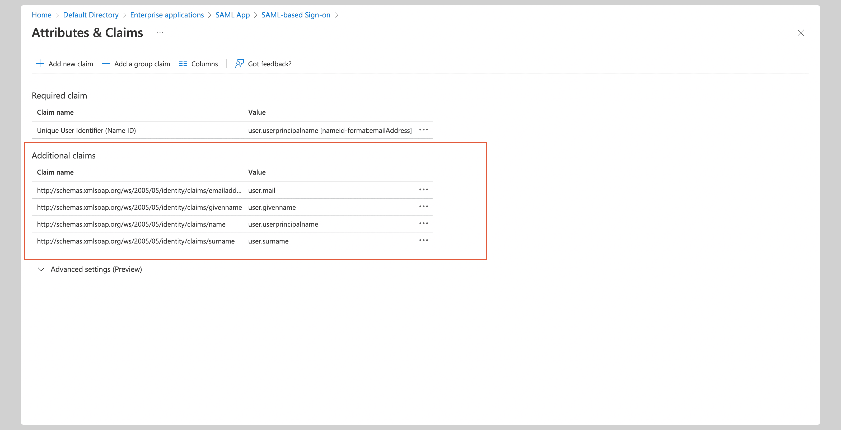 Microsoft Entra ID: example attribute claims; follow the email mapping instructions above