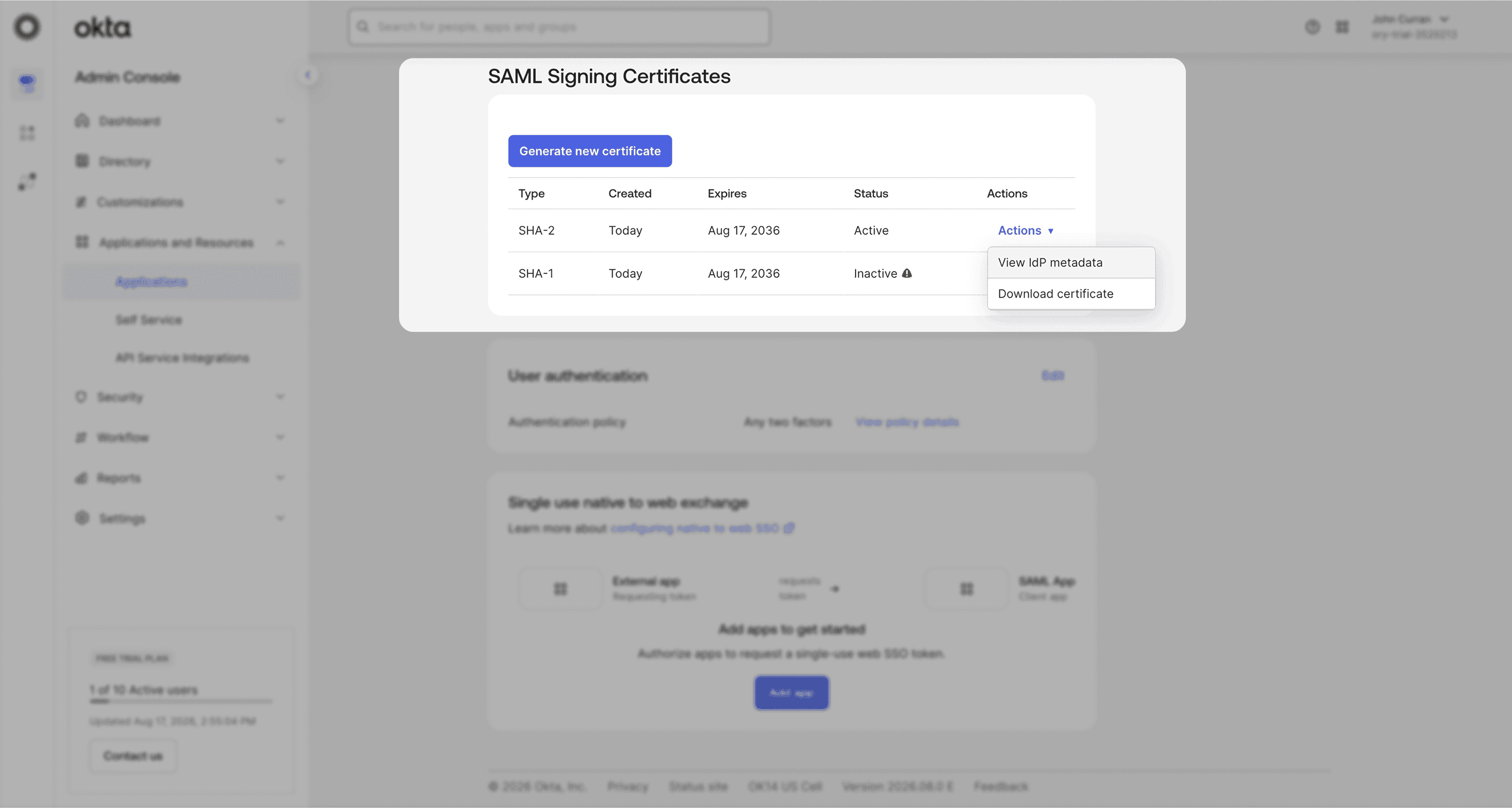 Okta: View IdP metadata