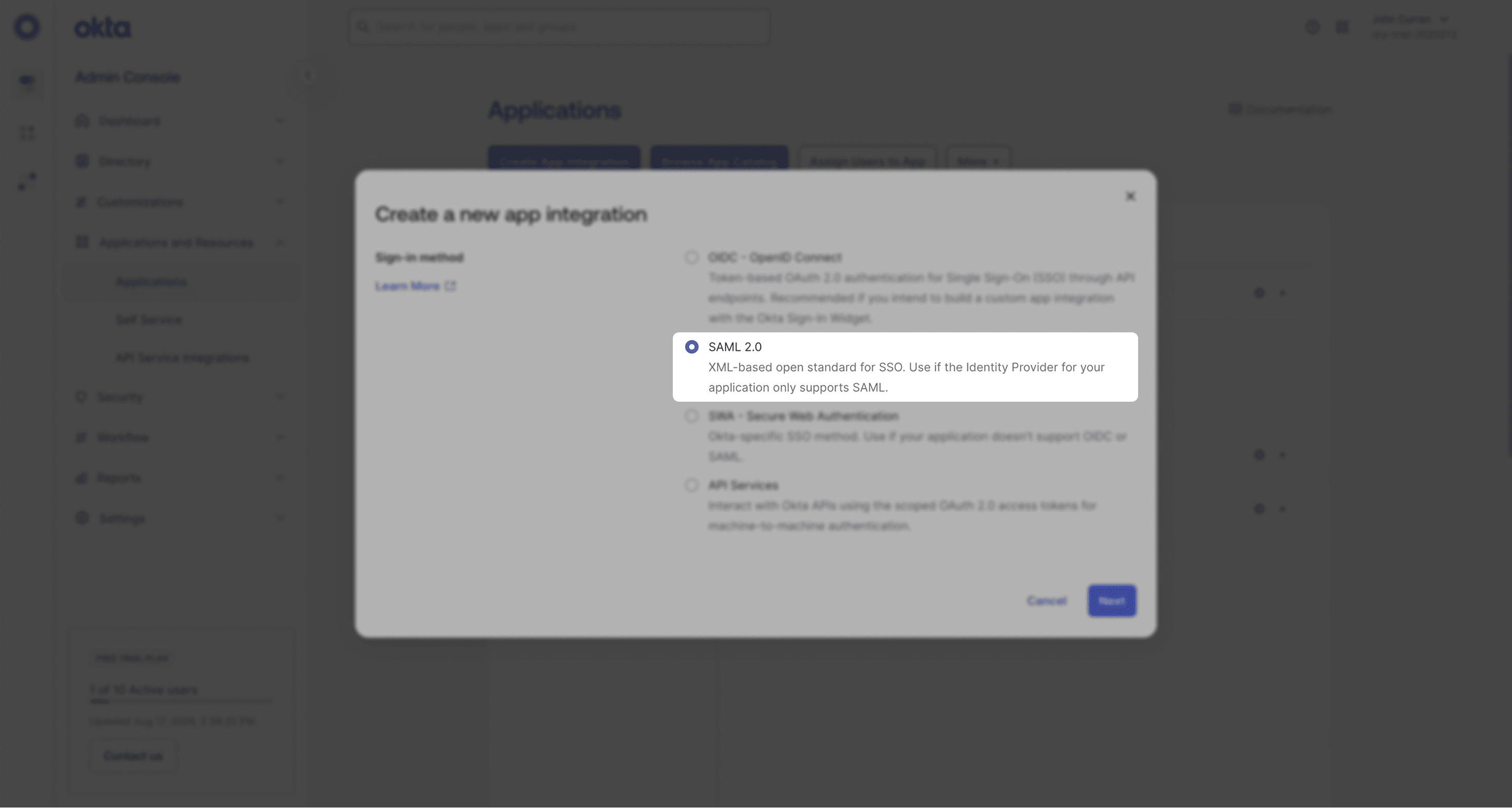 Okta: choose SAML 2.0