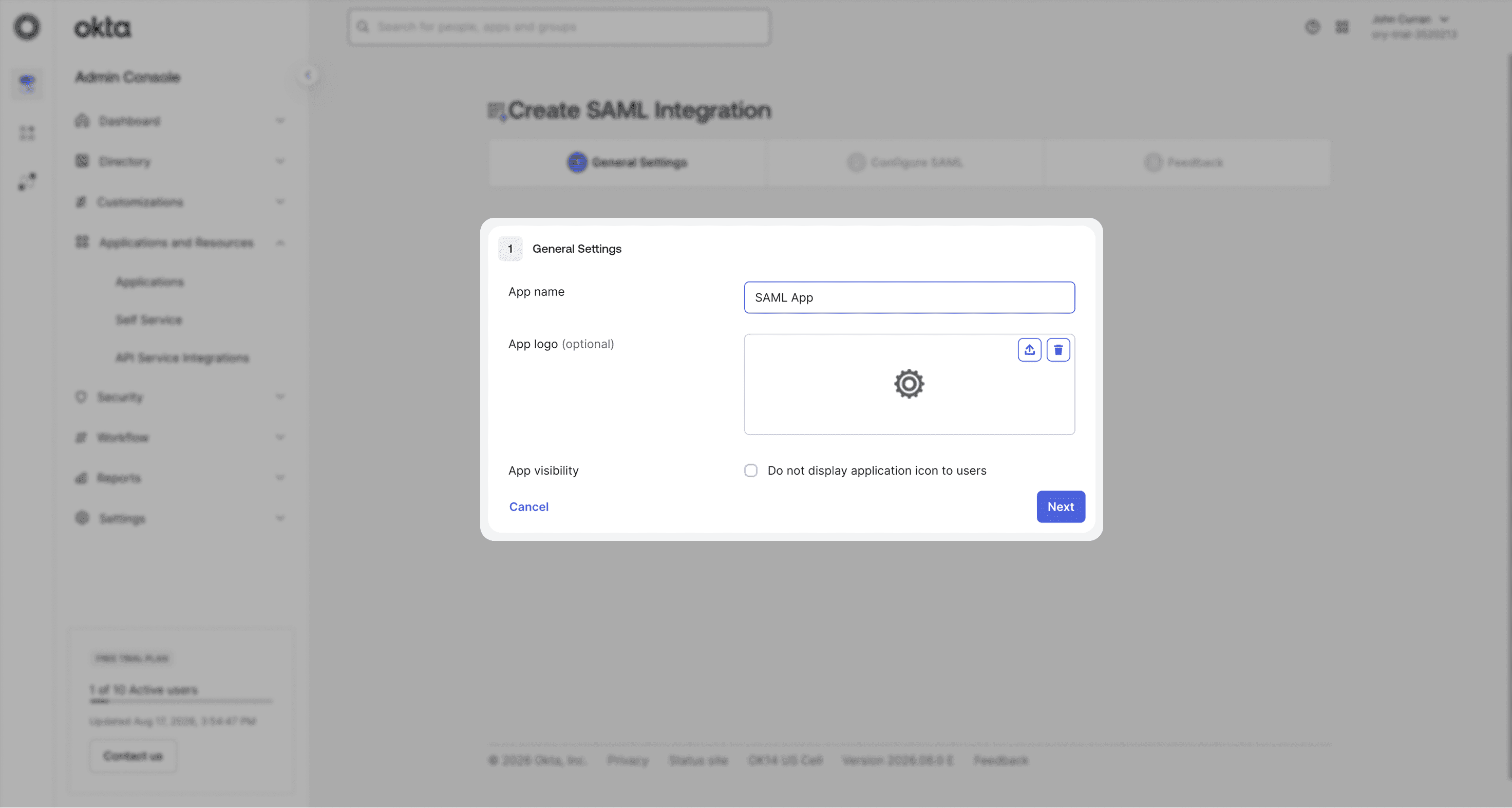 Okta: enter an app name