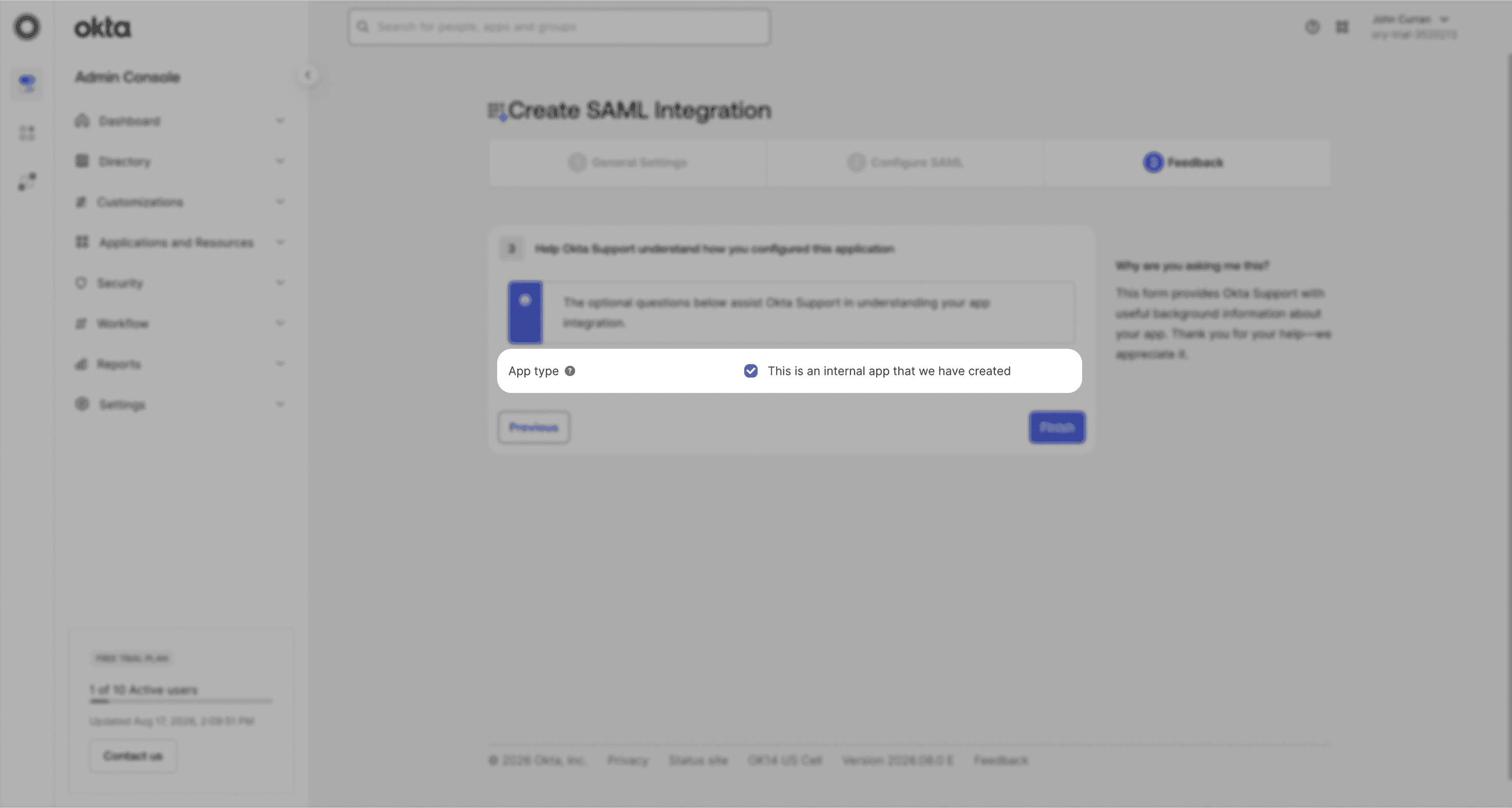Okta: feedback form for an internal application