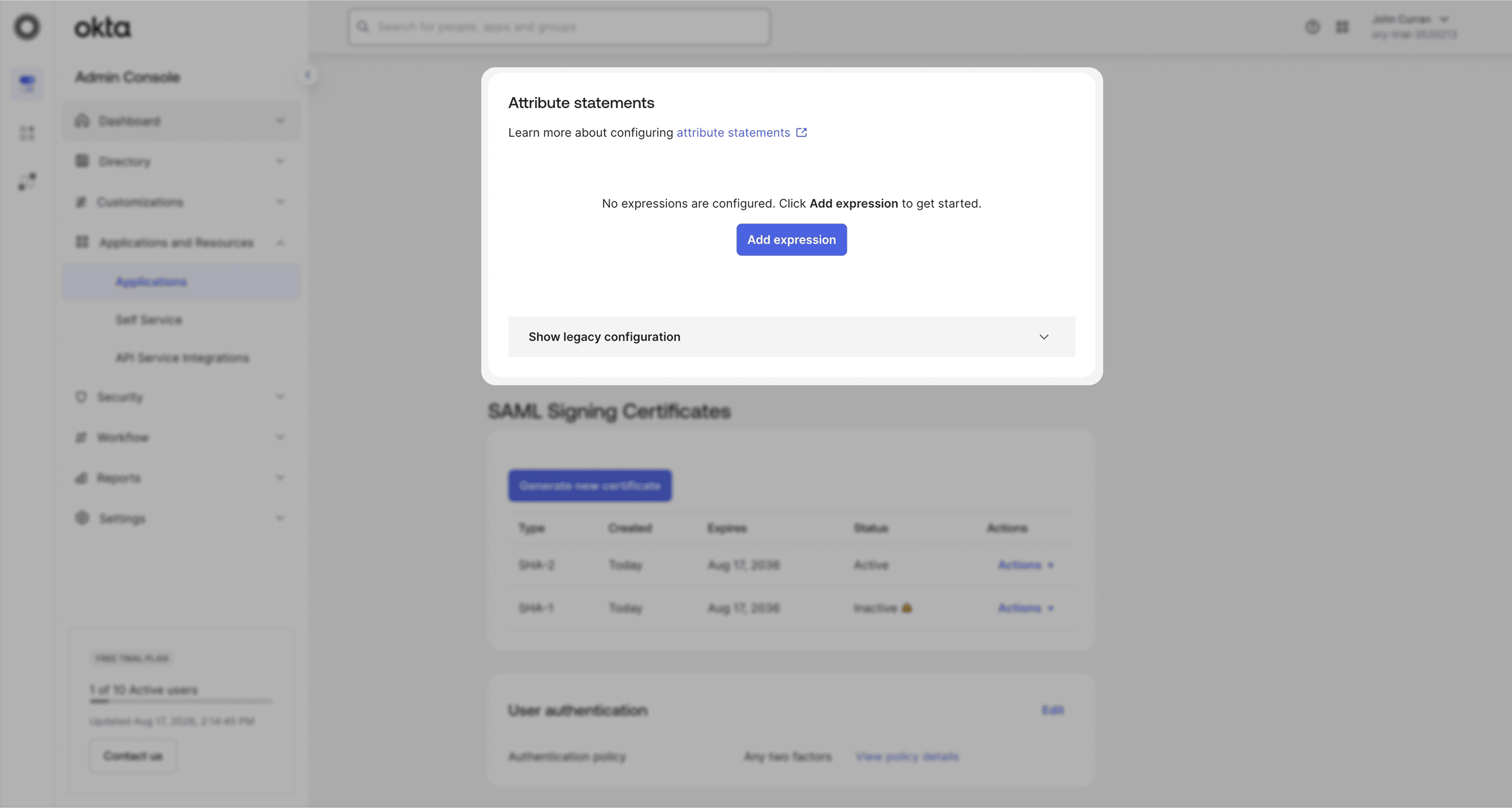 Okta: Attribute statements on the Sign On tab