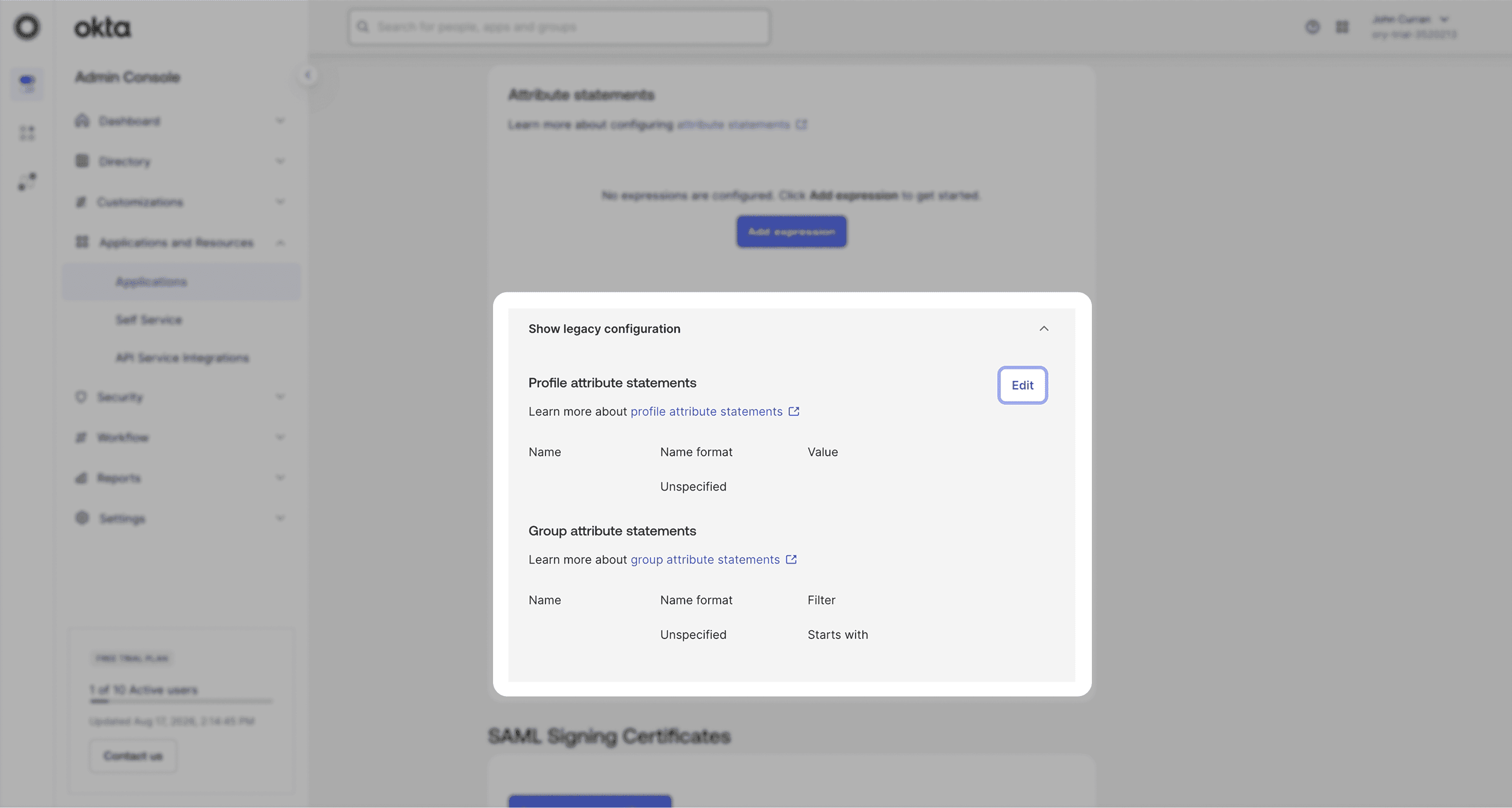 Okta: expand legacy configuration and edit profile attribute statements