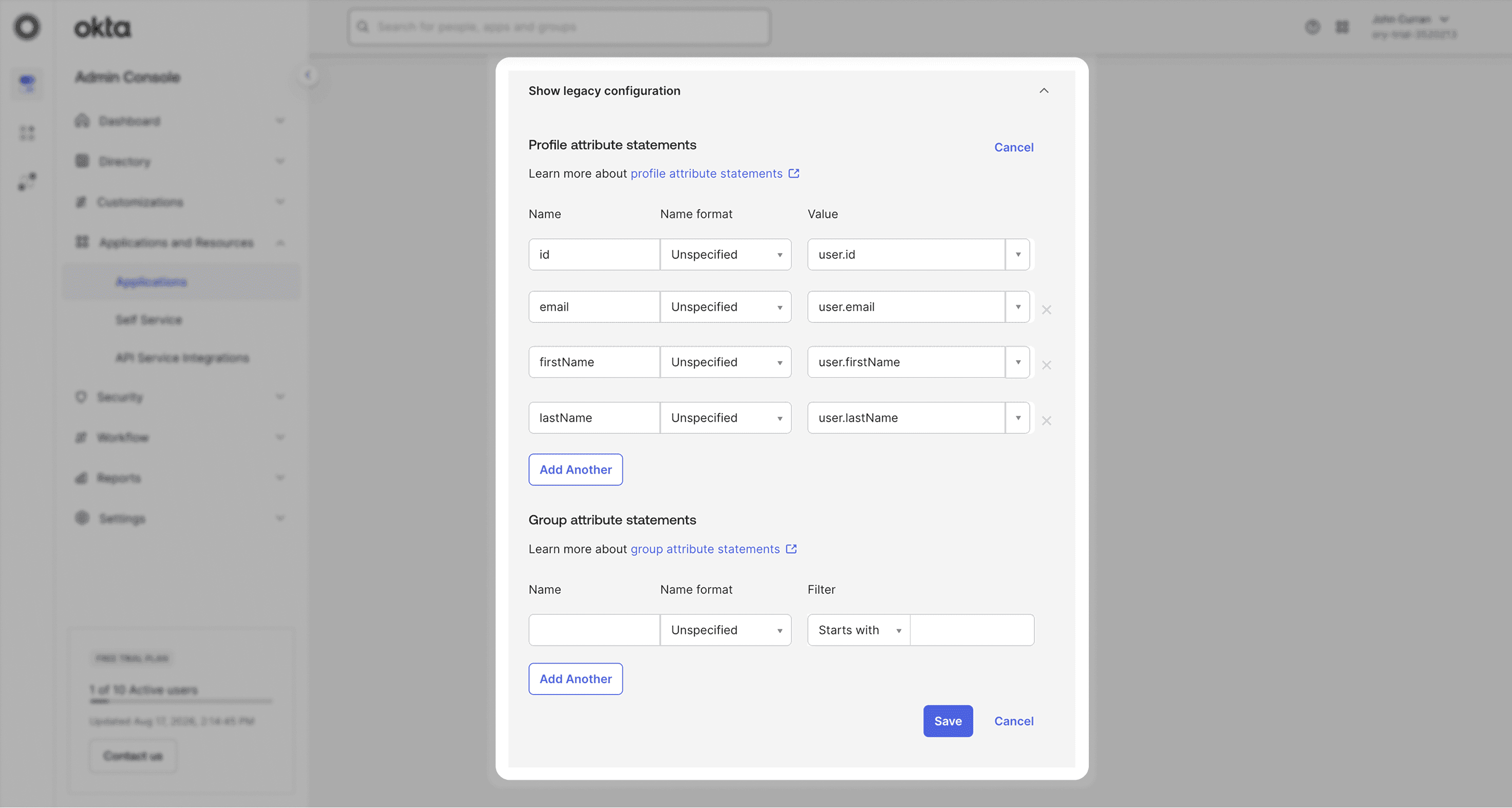 Okta: edit profile attribute statements