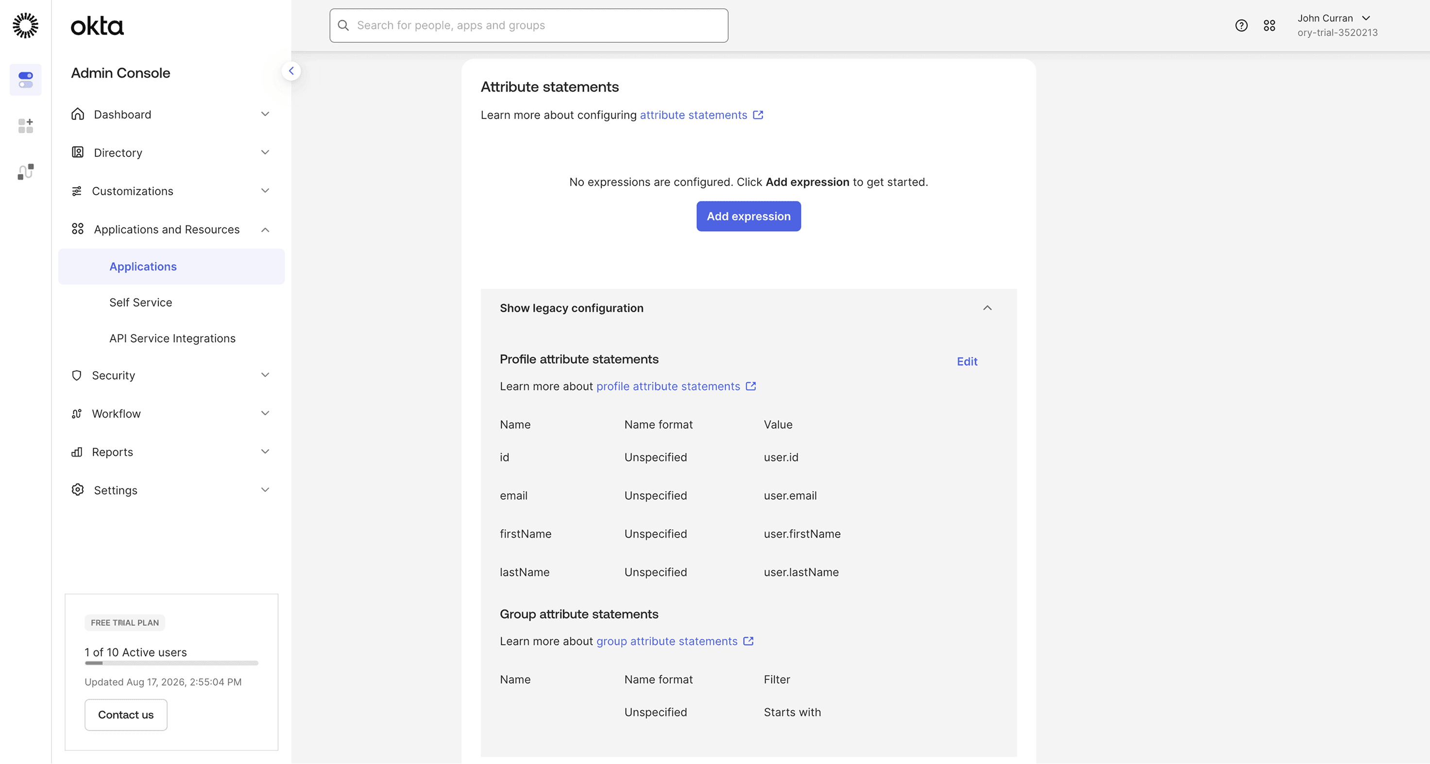 Okta: saved profile attribute statements